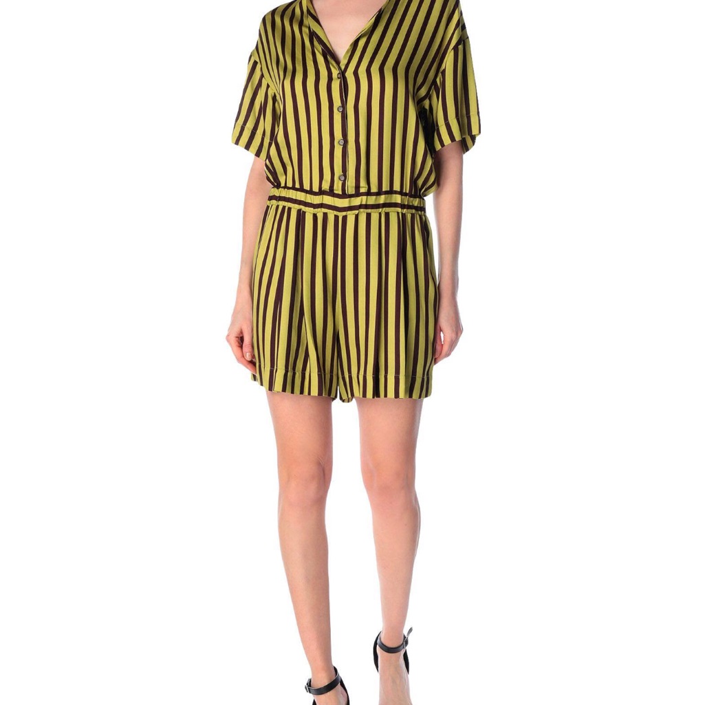 Brand New Italian Striped Button-Up Cotton Jumpsuit In Lime Green And Brown